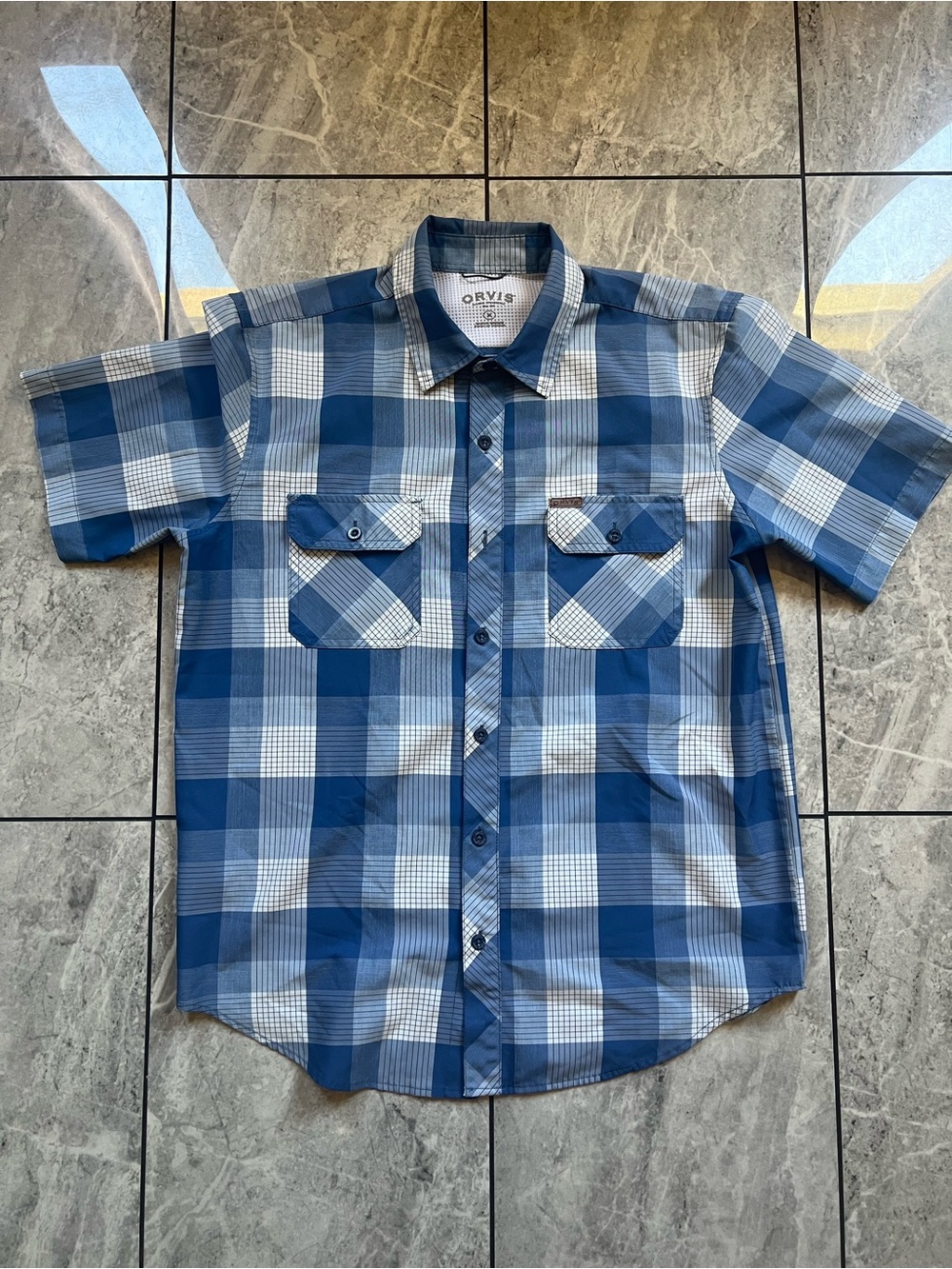 Orvis Men's Classic Collection Blue/White Plaid SS ButtonUp Shirt Fishing Hike M